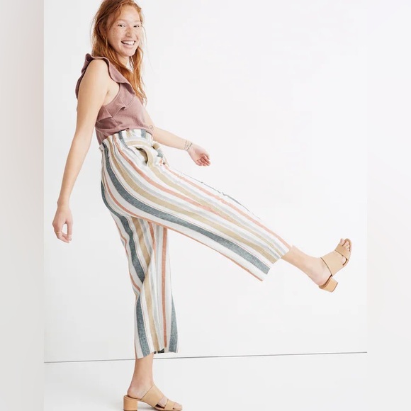 Madewell Huston Linen Blend Pull-On Striped Crop Pants Women's Size M - Picture 2 of 14